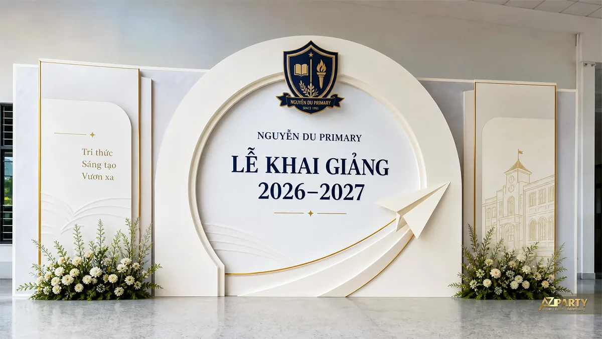 Backdrop khai giảng Nguyễn Du Primary màu trắng kem, hoa hai bên và mô hình máy bay giấy