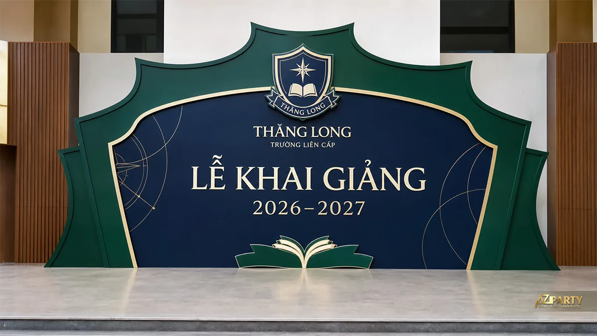 Backdrop lễ khai giảng Thăng Long màu xanh navy và xanh lá với biểu tượng sách mở