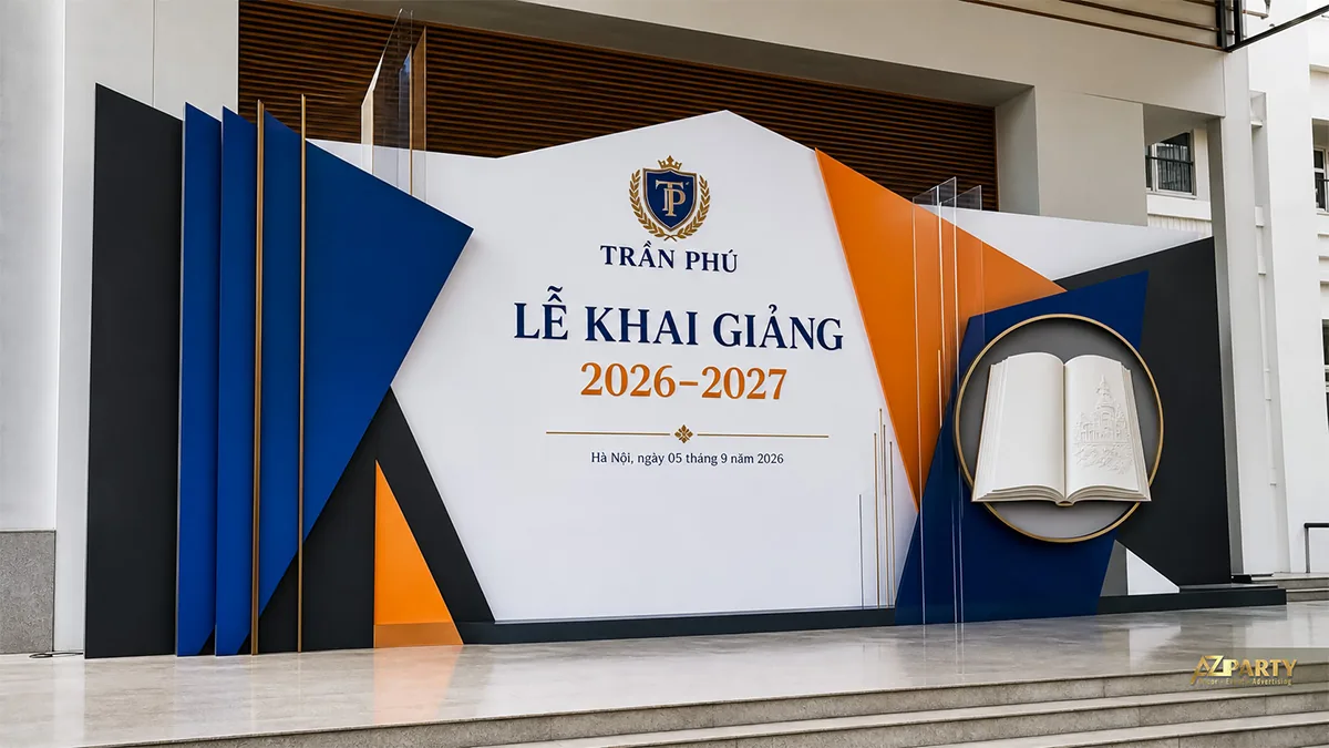 Backdrop lễ khai giảng Trần Phú màu xanh cam với mô hình sách mở trong khung tròn