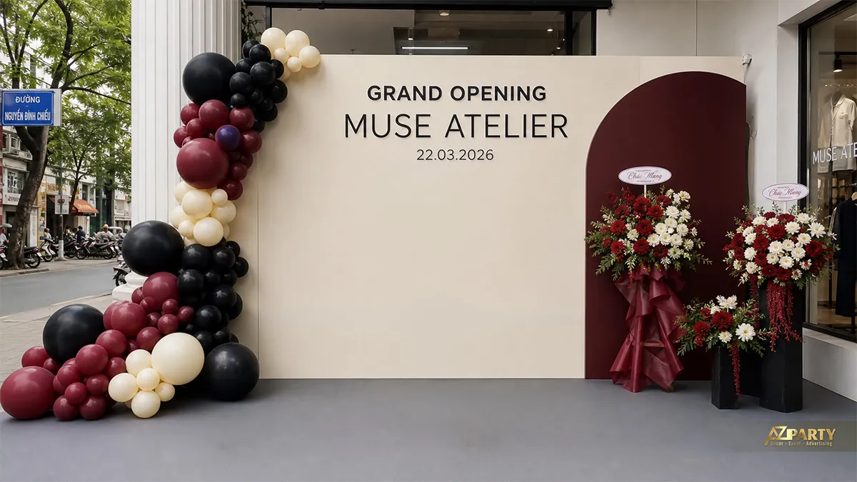 Backdrop Muse Atelier màu đỏ burgundy phối hoa và dáng vòm bất đối xứng