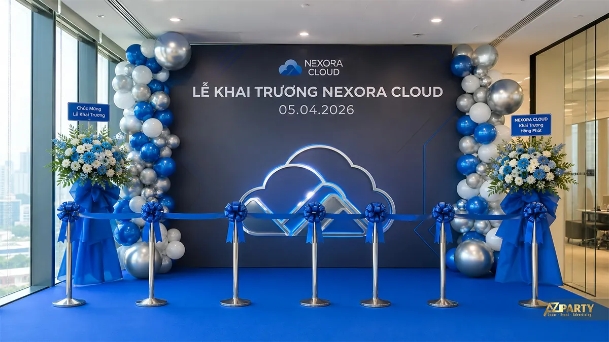 Mẫu backdrop Nexora Cloud màu xanh công nghệ với đường sáng hình học