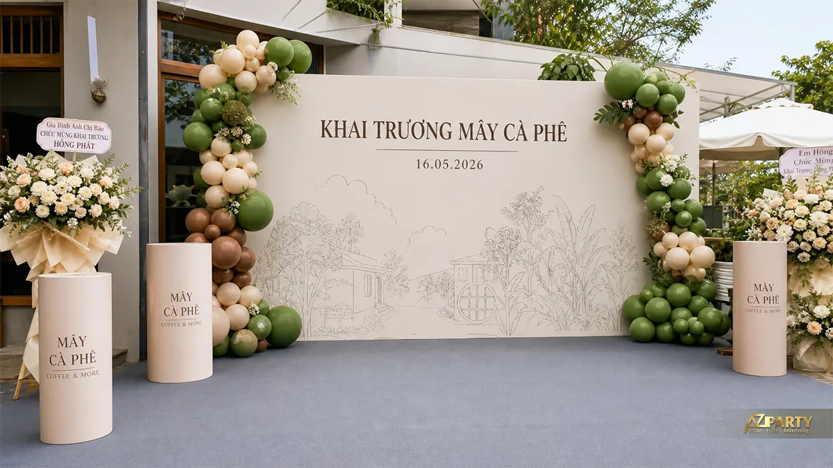 Mẫu phông khai trương Mây Cà Phê màu kem xanh và cụm bóng nhẹ