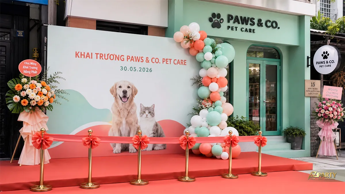 Backdrop cửa hàng thú cưng Paws & Co màu xanh mint và hồng san hô