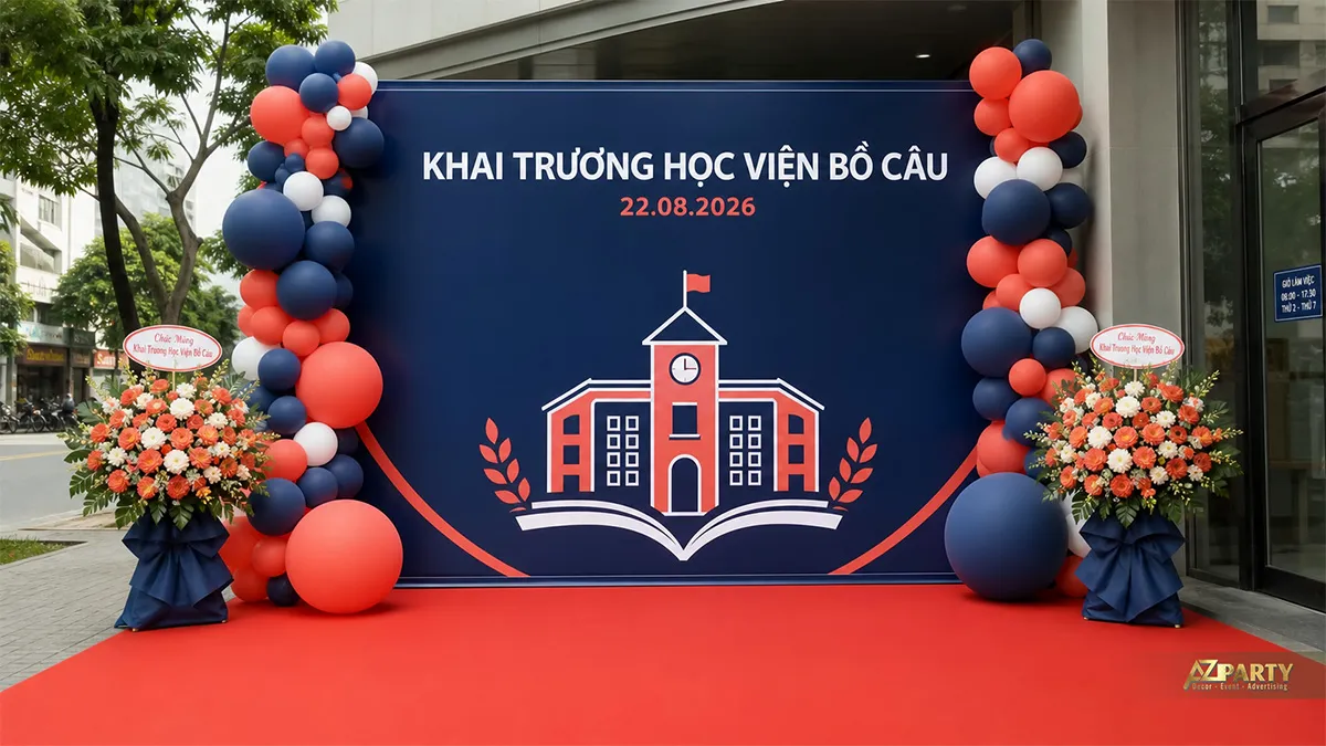 Mẫu backdrop Học viện Bồ Câu màu xanh navy đỏ với hình ngôi trường
