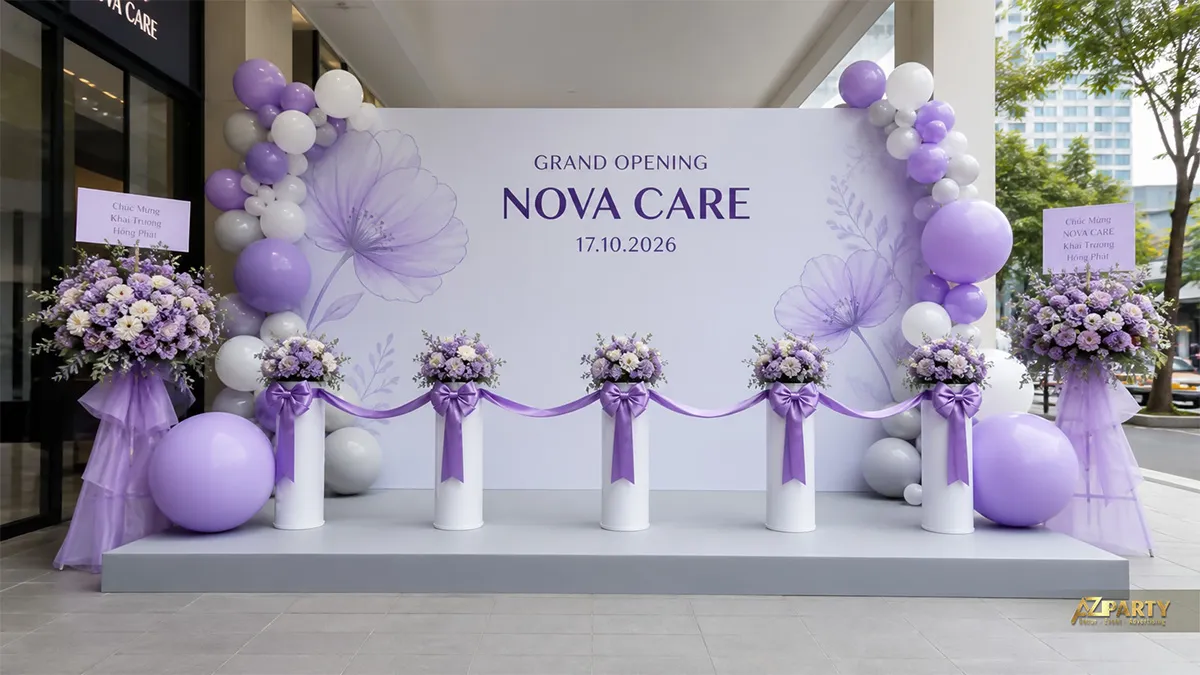 Phông khai trương Nova Care tím pastel với hoa và bục cắt băng