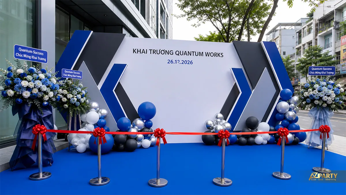 Backdrop Quantum Works xanh dương với khung hình học hiện đại