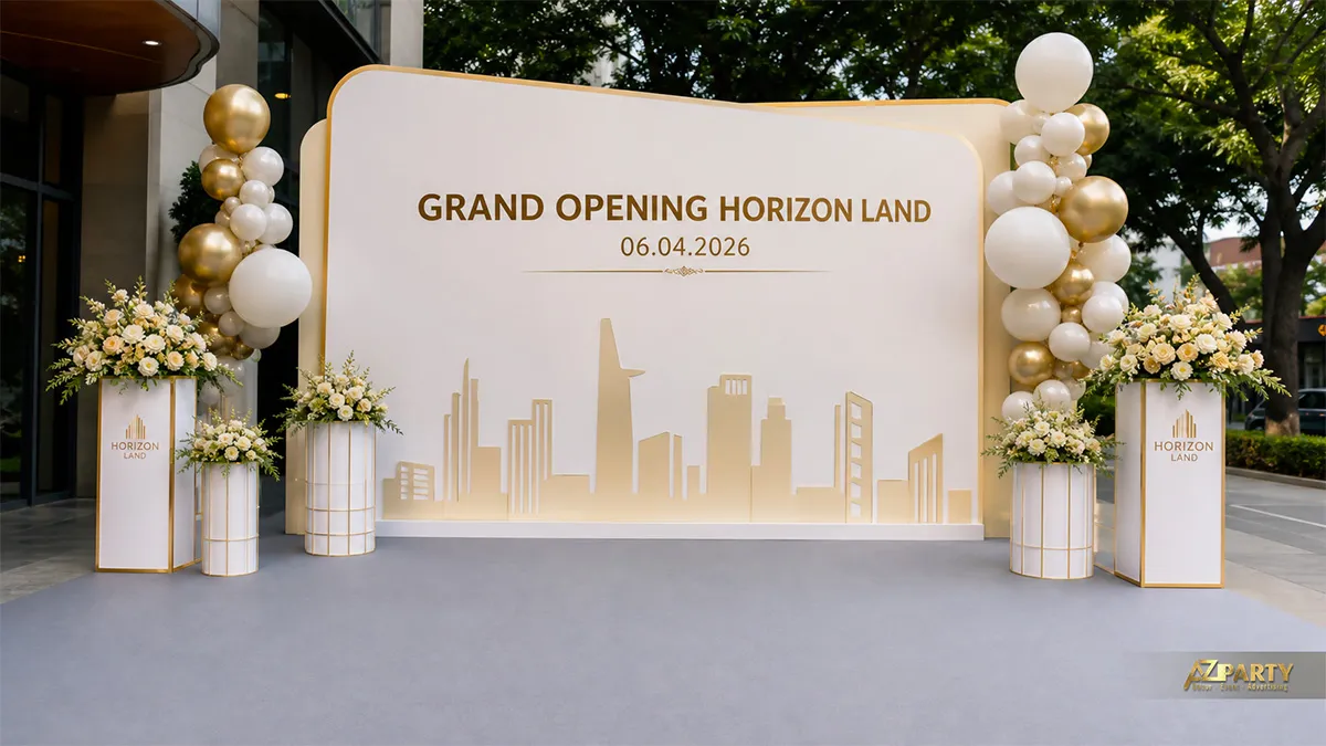 Mẫu backdrop Horizon Land màu kem với đường nét thành phố