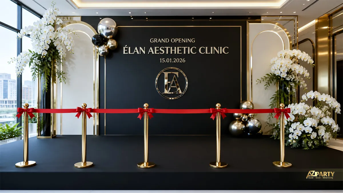 Backdrop Élan Aesthetic Clinic đen trắng cùng hoa trắng trang nhã