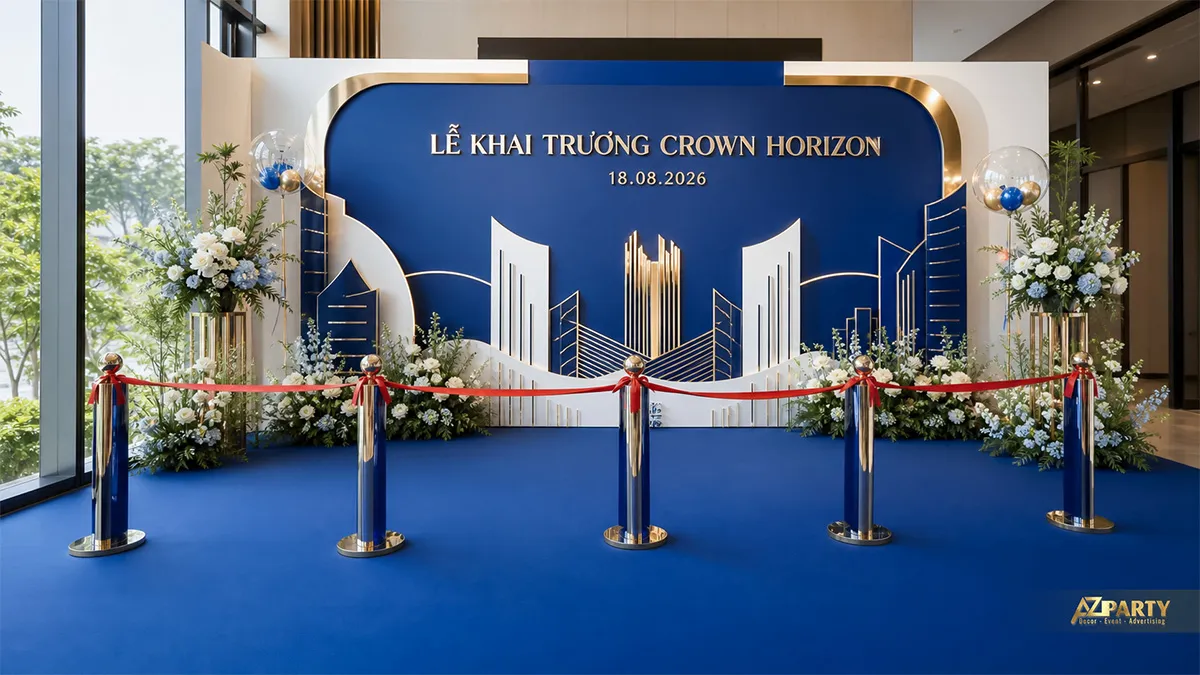 Phông khai trương Crown Horizon xanh navy với điểm nhấn vàng đồng