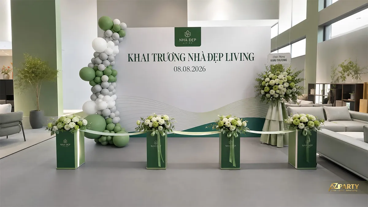 Backdrop Nhà Đẹp Living trắng xanh với trụ bóng và bốn bục hoa cắt băng