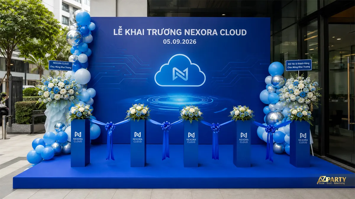 Backdrop Nexora Cloud màu xanh công nghệ với biểu tượng đám mây và bục hoa cắt băng