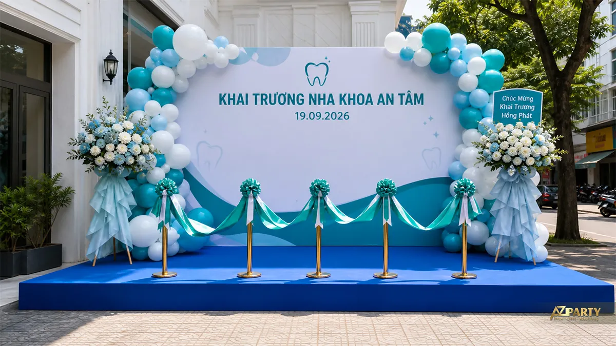 Backdrop Nha khoa An Tâm trắng xanh ngọc với cổng bóng và dải băng khai trương