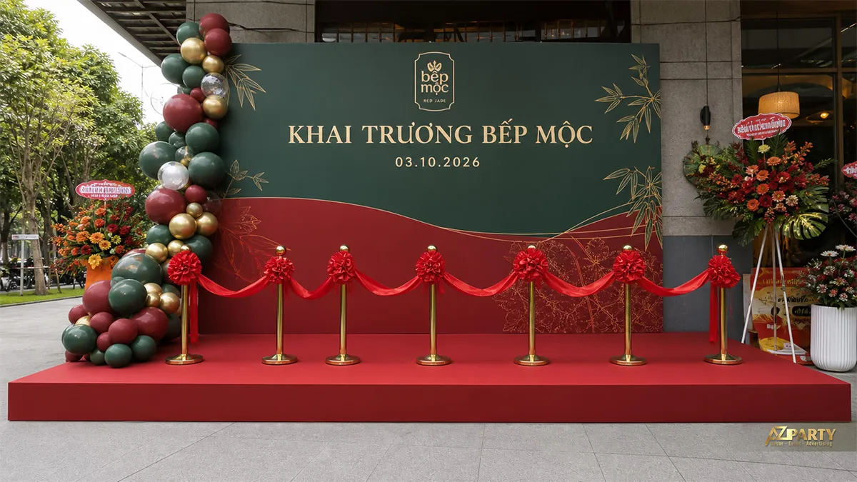 Backdrop Bếp Mộc xanh rêu đỏ rượu với họa tiết tre và dải băng đỏ