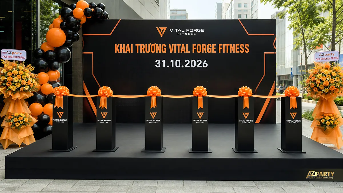 Backdrop Vital Forge Fitness đen cam với cổng bóng và sáu bục cắt băng