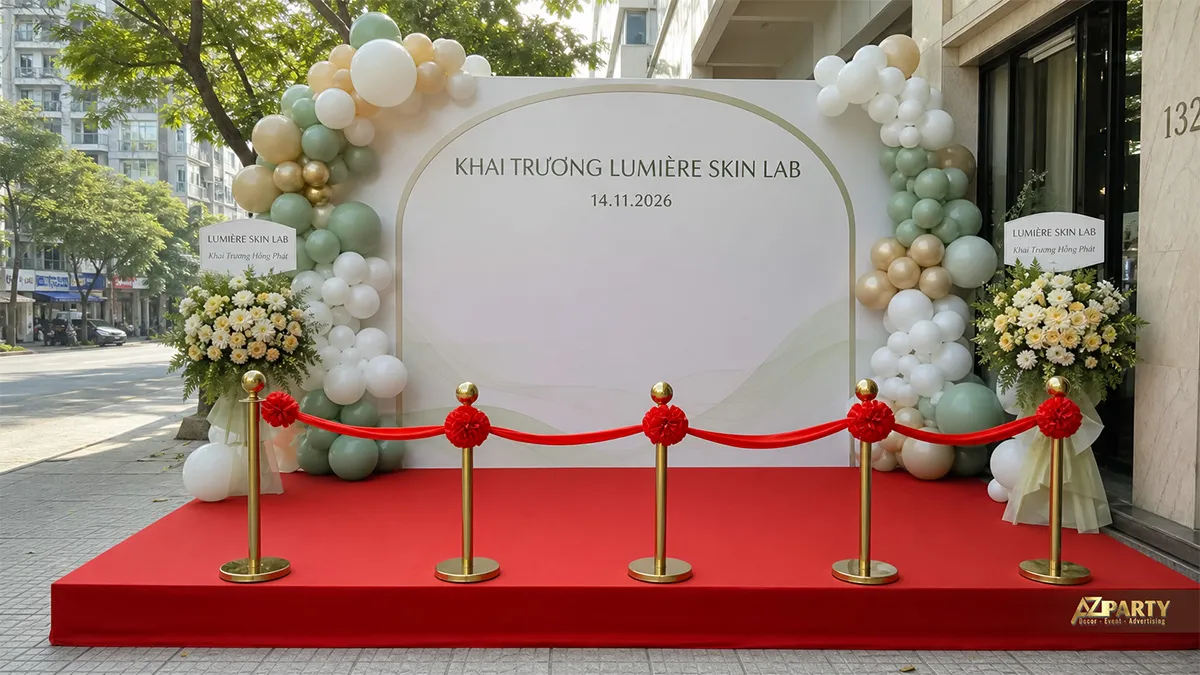 Backdrop Lumière Skin Lab màu trắng xanh nhạt với bóng pastel và thảm đỏ