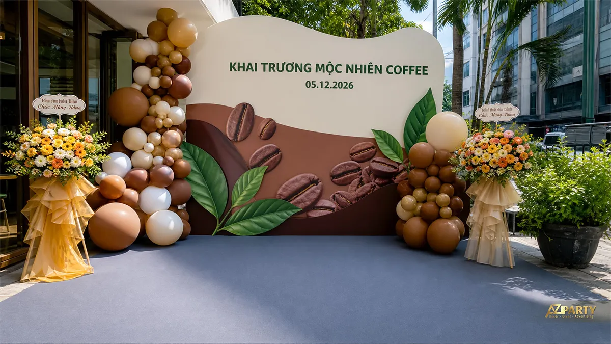 Backdrop Mộc Nhiên Coffee tông kem nâu với hạt cà phê, lá xanh và bóng trang trí
