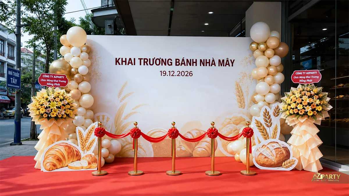 Backdrop Bánh Nhà Mây màu trắng vàng với mô hình bánh mì, bông lúa và bóng kem
