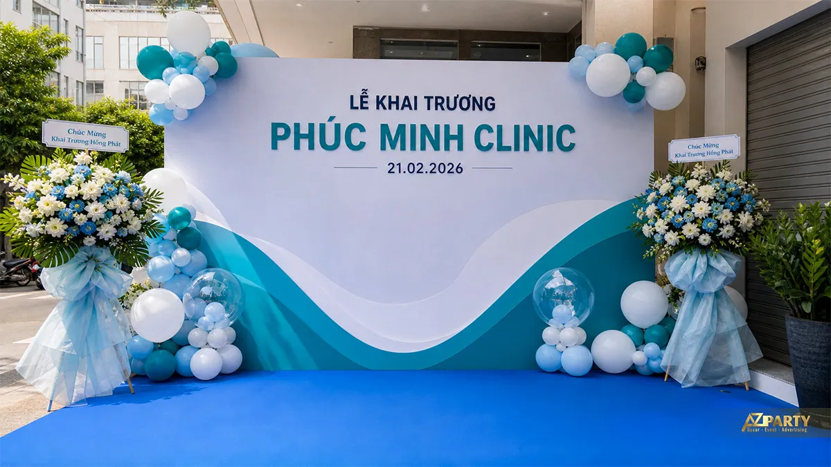 Backdrop Phúc Minh Clinic trắng xanh ngọc với họa tiết sóng, bóng và hoa hai bên