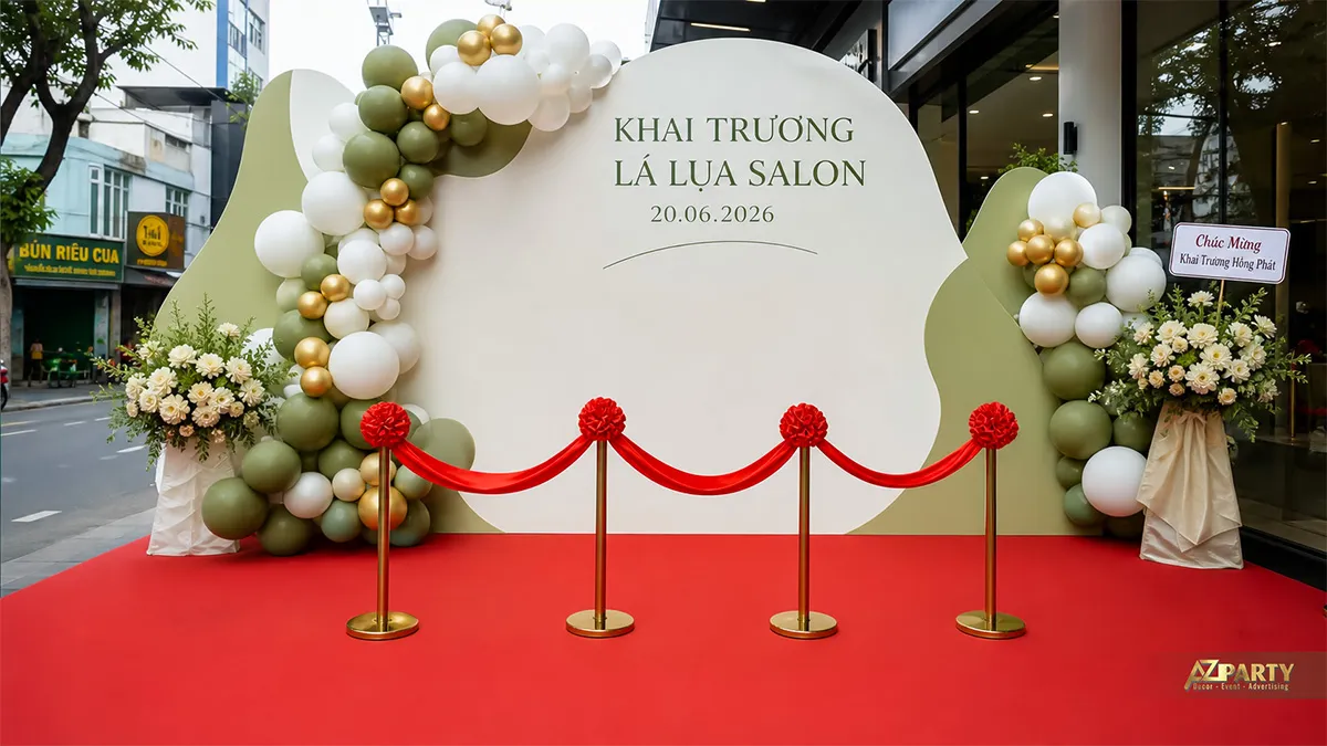 Backdrop Lá Lụa Salon màu trắng xanh sage với cụm bóng pastel và dải băng đỏ