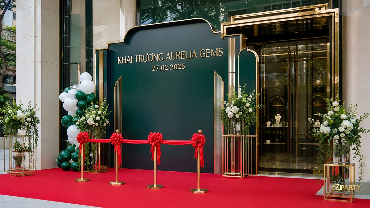 Backdrop Aurelia Gems xanh đậm viền vàng phong cách Art Deco với thảm đỏ