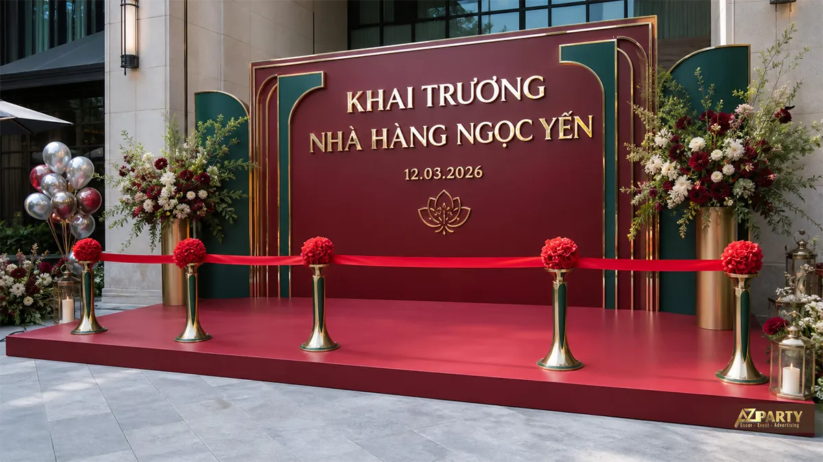Backdrop nhà hàng Ngọc Yến đỏ burgundy phối xanh đậm, viền vàng và hoa hai bên