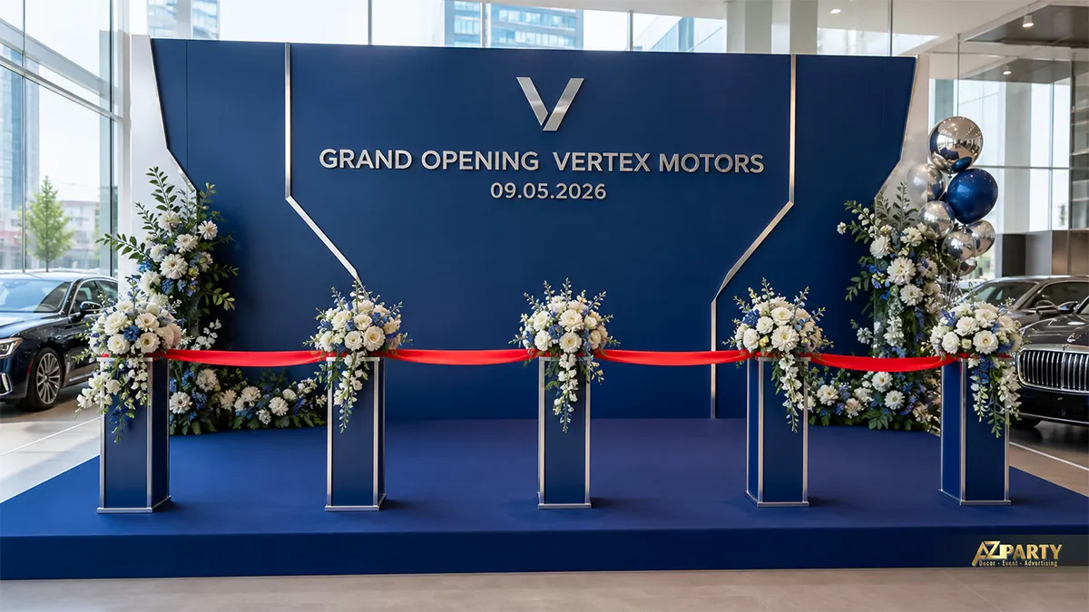 Backdrop Vertex Motors xanh navy viền bạc với hoa trắng trong showroom ô tô