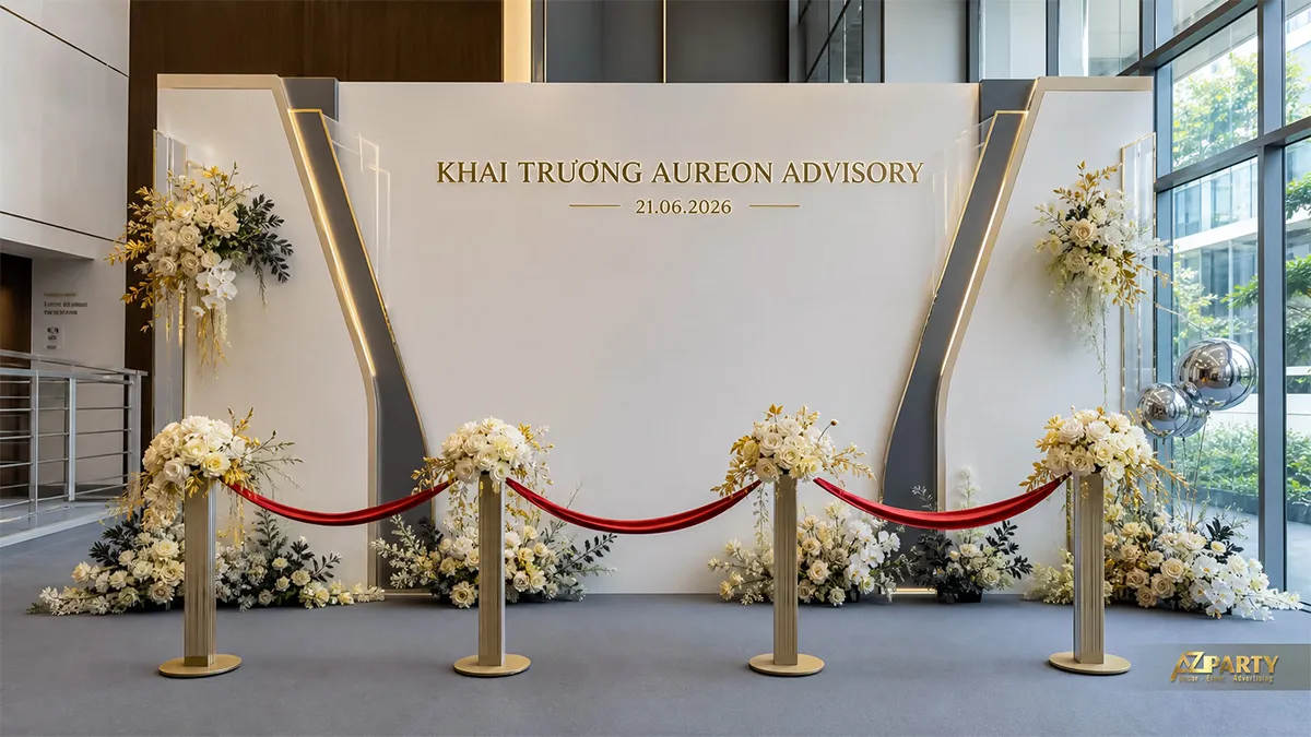 Backdrop Aureon Advisory trắng xám với đường viền sáng và hoa kem