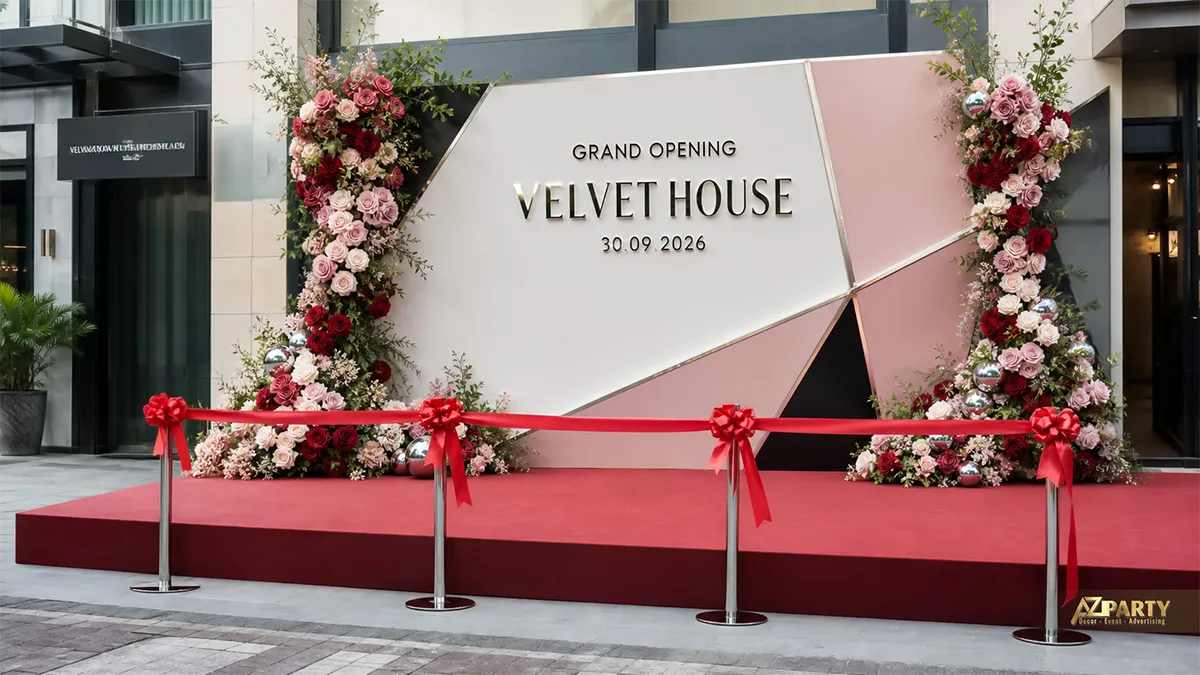 Backdrop Velvet House phối trắng hồng đen hình học với hai dải hoa hồng
