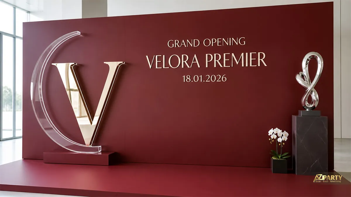 Backdrop Velora Premier màu đỏ burgundy với mô hình chữ V và tượng bạc