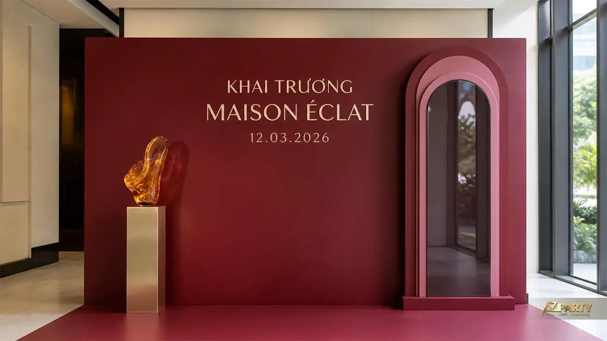 Backdrop Maison Éclat đỏ burgundy với gương vòm hồng và tượng pha lê màu hổ phách