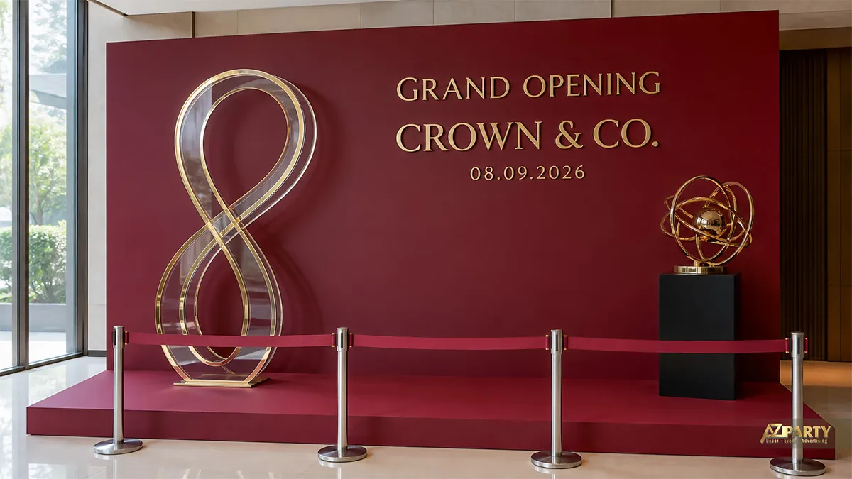 Backdrop Crown & Co màu đỏ burgundy với mô hình vô cực và quả cầu kim loại vàng