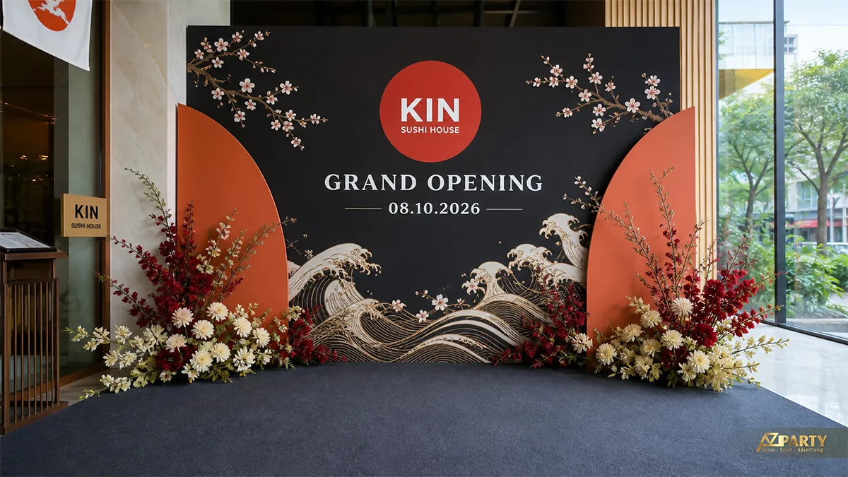 Phông khai trương nhà hàng Kin màu đen đỏ và họa tiết ánh kim