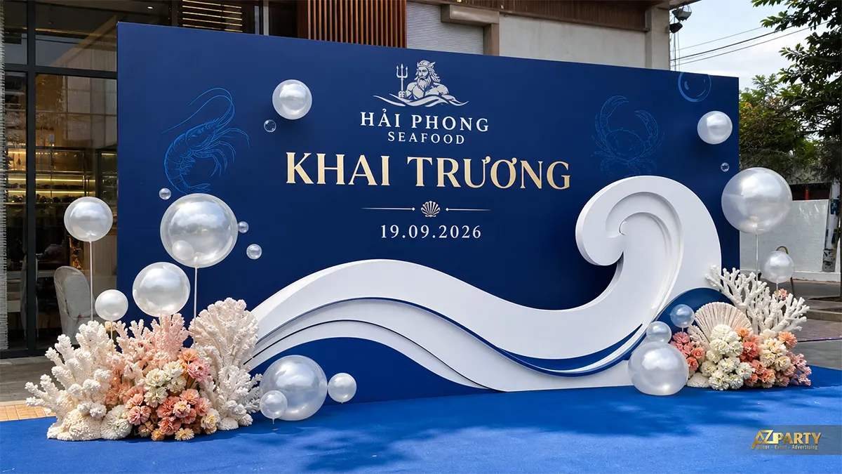 Backdrop Hải Phòng Seafood xanh trắng với đường cong như sóng biển
