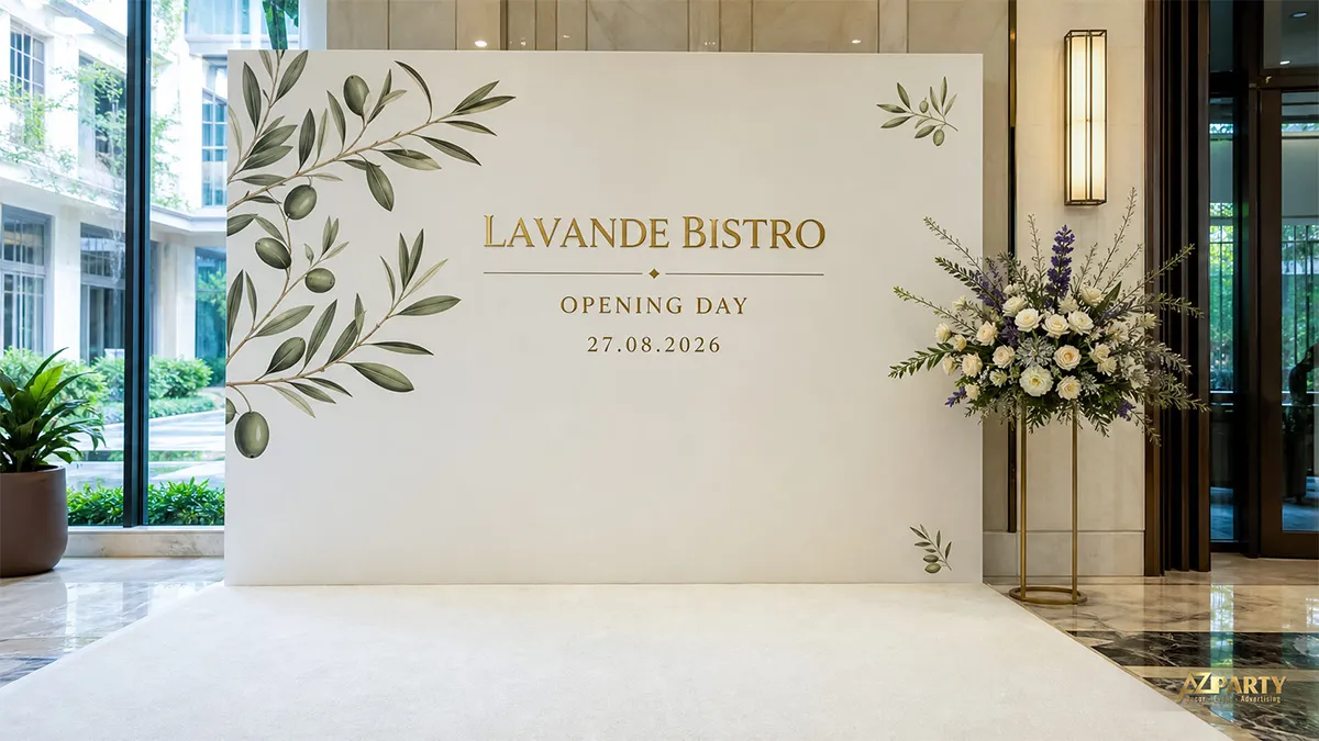 Backdrop Lavande Bistro màu kem xanh với họa tiết lá