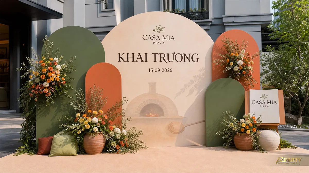 Phông khai trương nhà hàng Cà Sáng màu hồng đất và kem