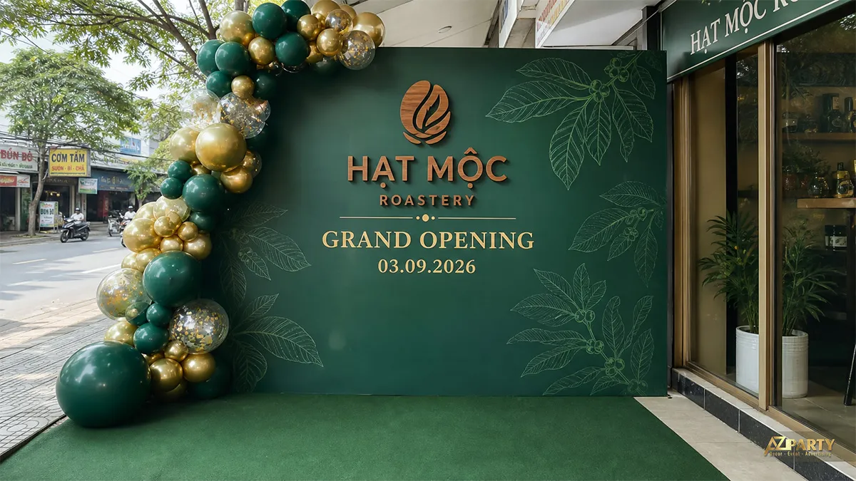 Backdrop Hạt Mộc màu xanh lá với cụm bóng ánh kim