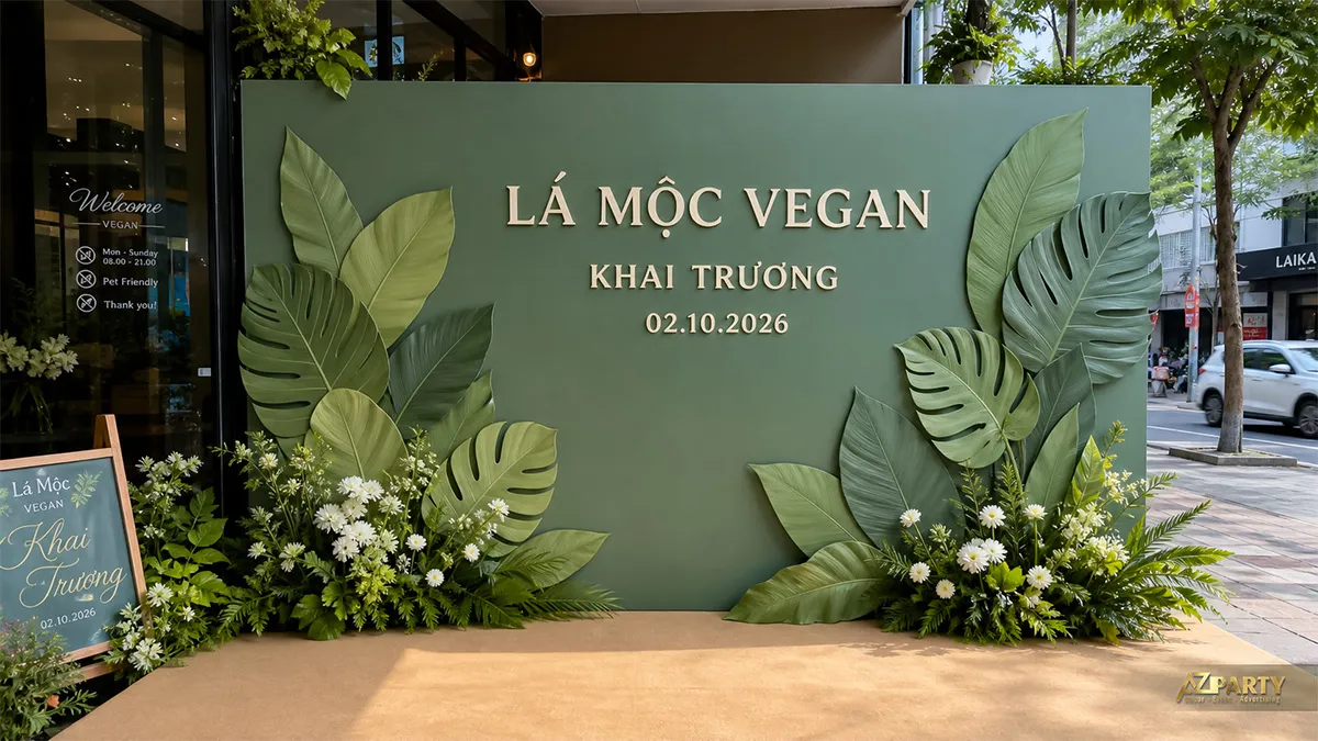 Phông nền Lạ Mộc Vegan xanh rêu với họa tiết cây lá