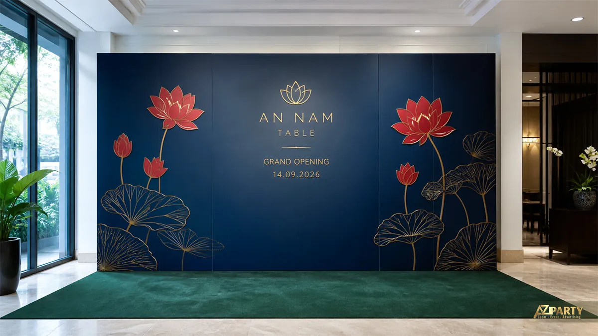 Phông khai trương An Nam xanh đậm với họa tiết hoa sen