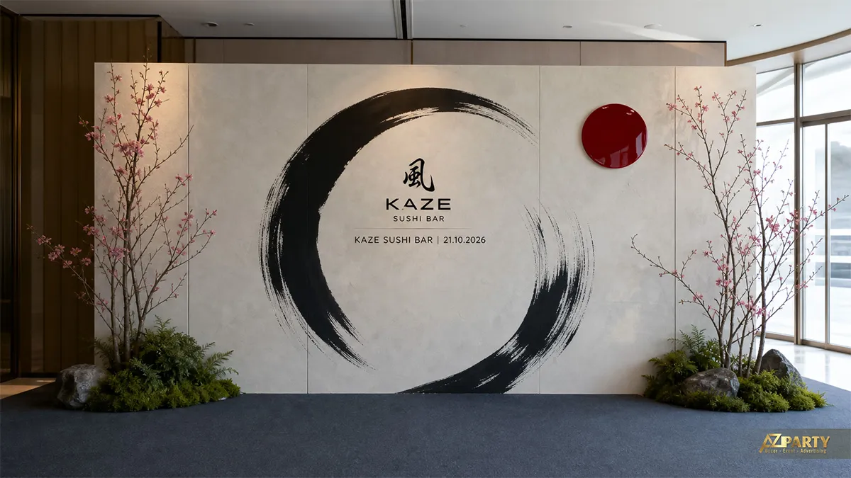 Backdrop nhà hàng tối giản màu trắng với nét cọ đen