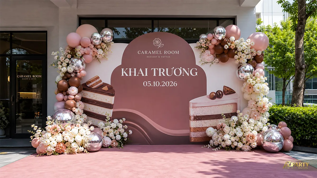 Backdrop khai trương Caramel Room tông hồng nâu với hình bánh ngọt, bóng và hoa