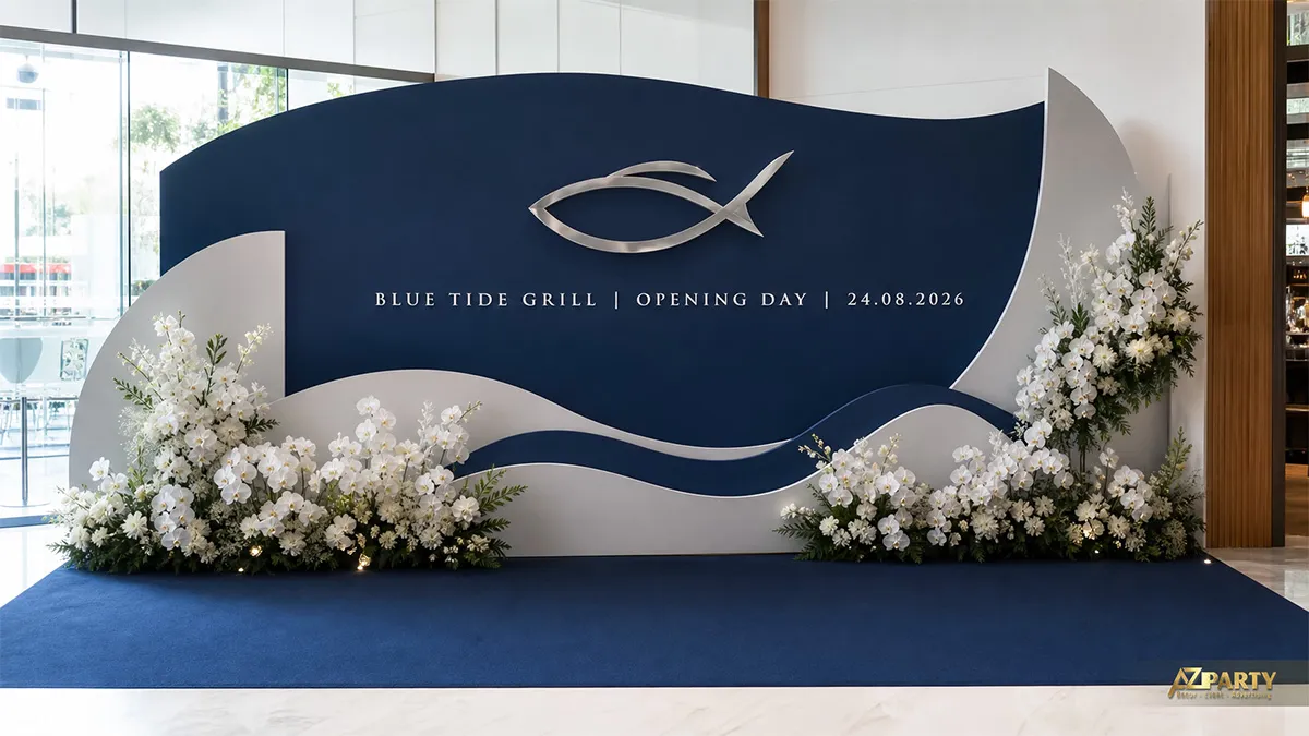 Backdrop Blue Tide Grill màu xanh navy dáng sóng với logo cá bạc và lan trắng