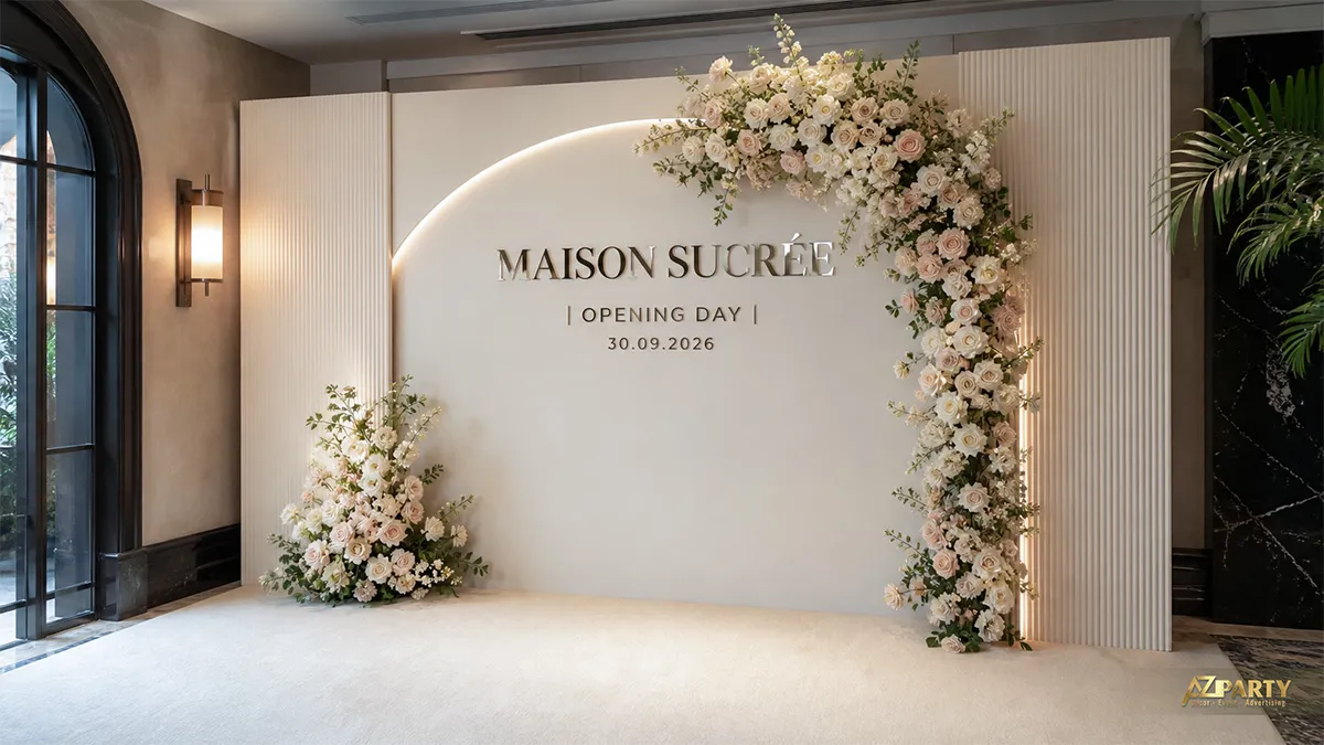 Backdrop Maison Sucrée màu kem có viền sáng và cụm hoa hồng trắng kéo dài bên phải