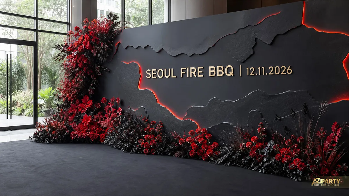 Backdrop Seoul Fire BBQ nền đen hiệu ứng vết nứt đỏ với hoa đỏ hai bên