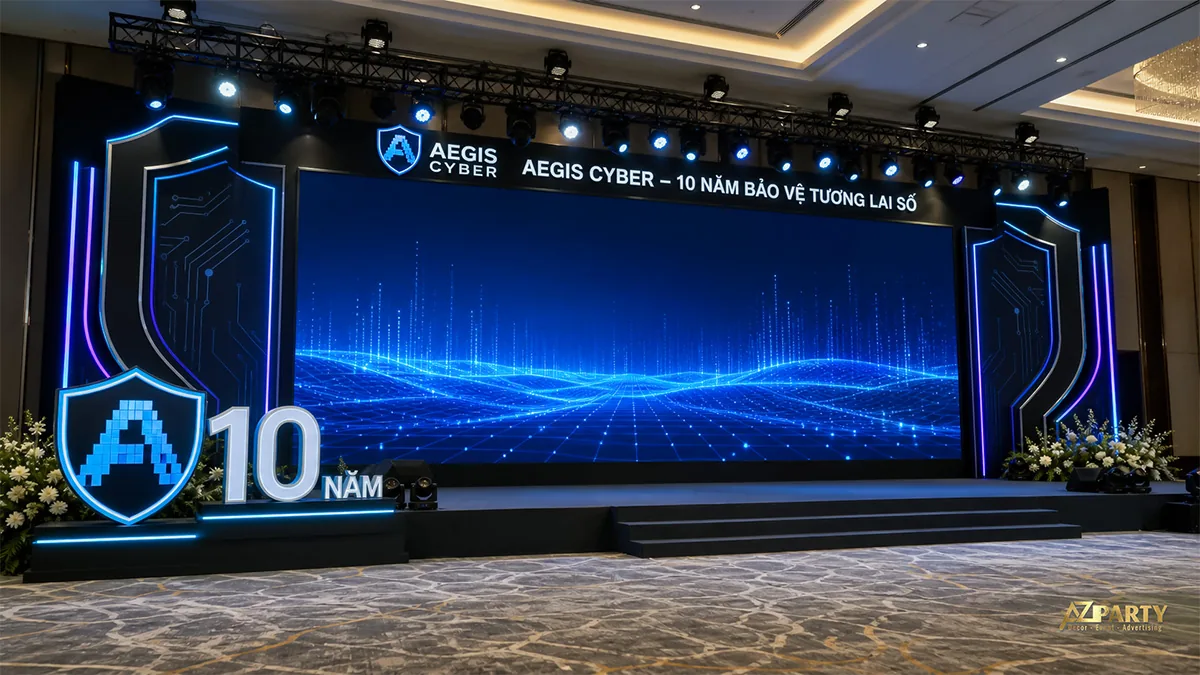 Sân khấu 10 năm Aegis Cyber với khung khiên và không gian dữ liệu màu xanh