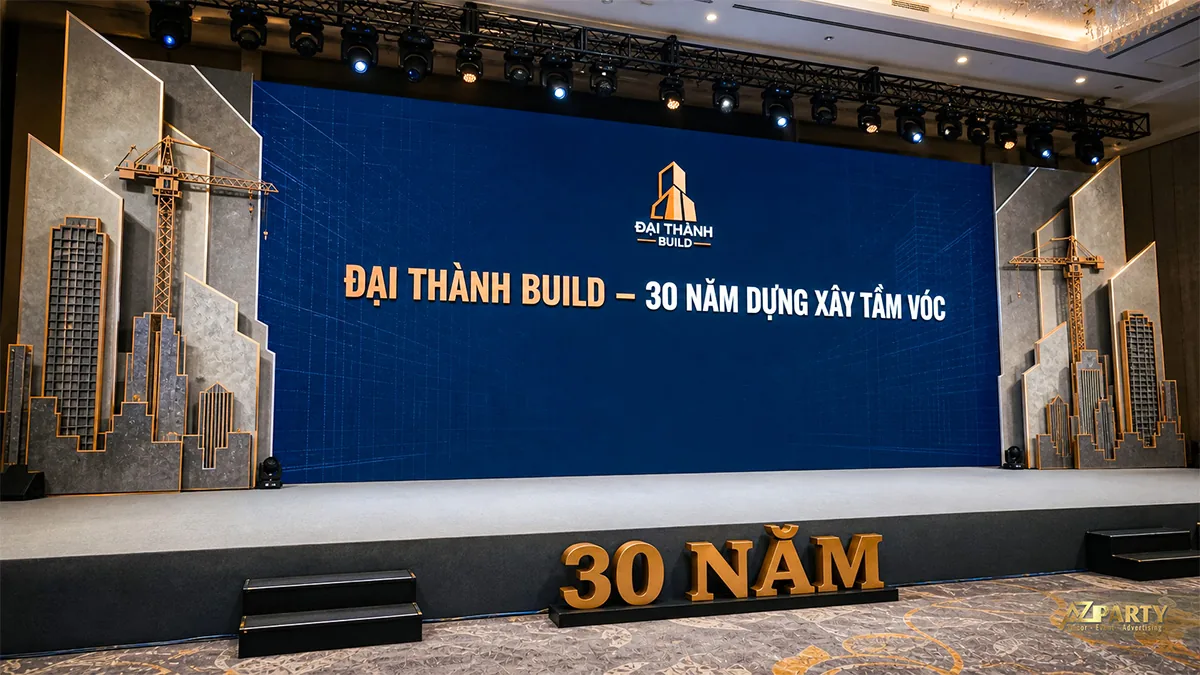 Sân khấu 30 năm Đại Thành Build với mô hình cao ốc và cần cẩu hai bên