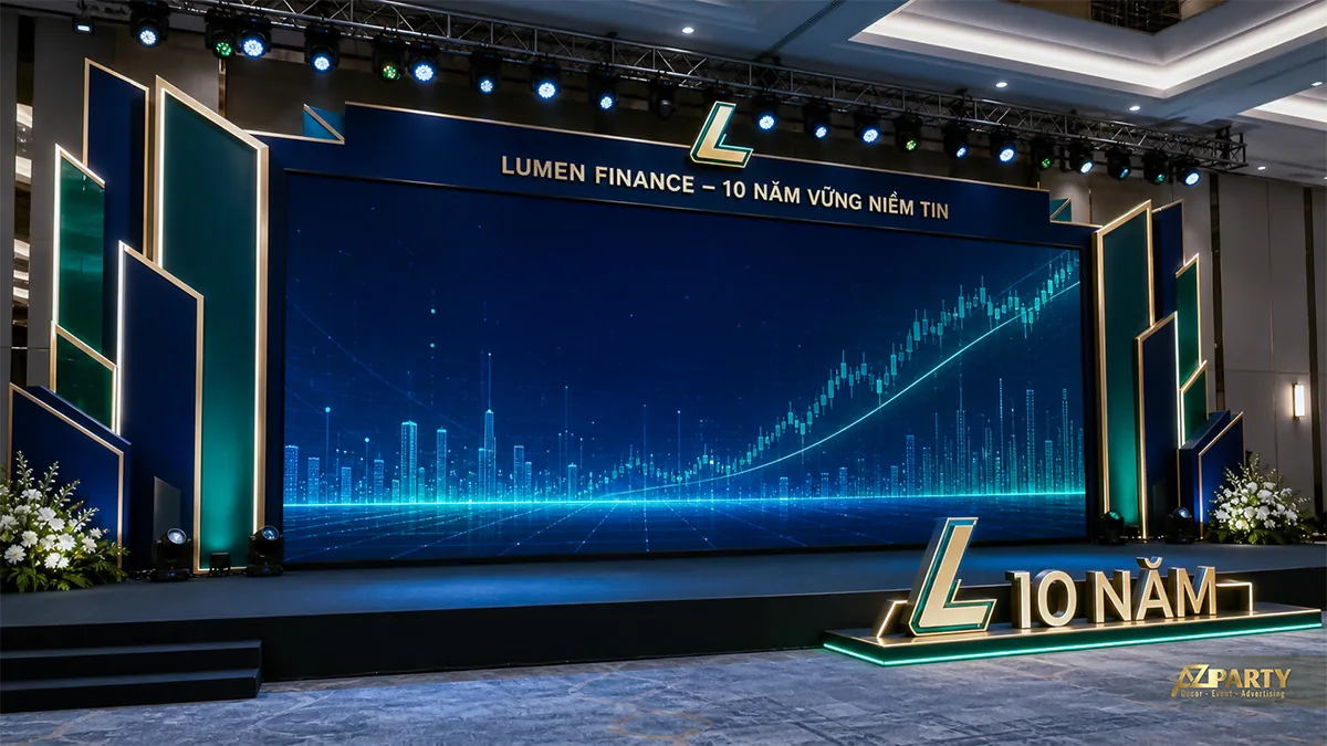 Sân khấu 10 năm Lumen Finance với đồ thị tăng trưởng màu xanh ngọc