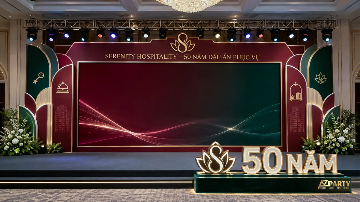 Backdrop 50 năm Serenity Hospitality tông đỏ rượu và xanh đậm sang trọng