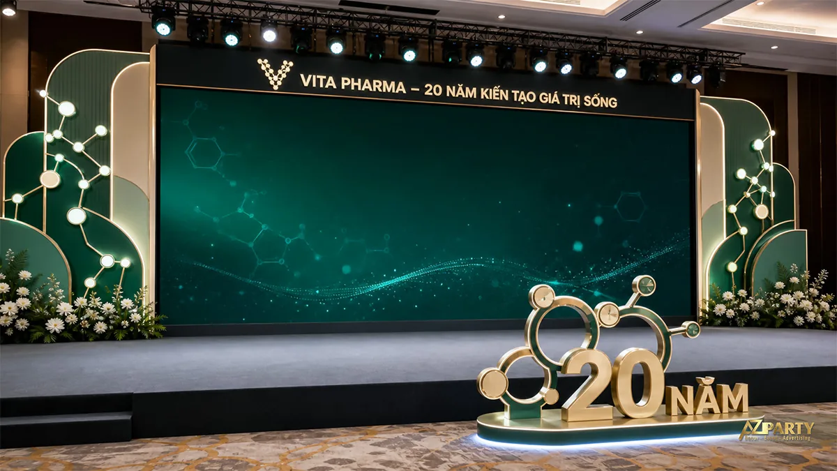Sân khấu 20 năm Vita Pharma tông xanh lá với họa tiết phân tử