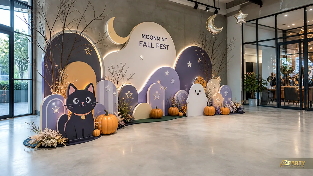 Backdrop lễ hội mùa thu pastel với mèo đen, ma trắng, bí ngô và đèn sao