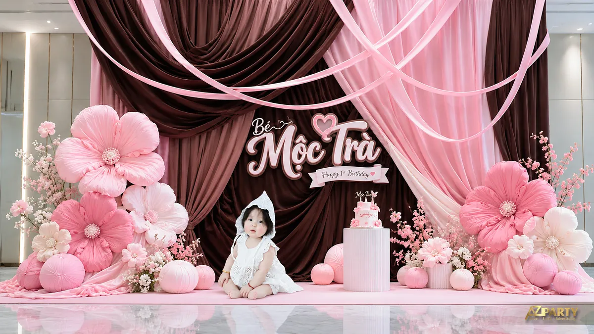 Backdrop hồng trầm và đỏ rượu với rèm nhung, hoa lớn và bàn bánh tối giản